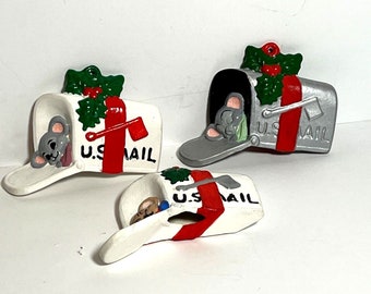 Handmade Hand Painted US Mail Boxes with Mice Christmas Ornaments Set of 3