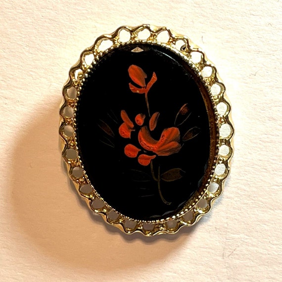 Vintage Hand Painted Floral Black Cameo Lapel Pin… - image 2