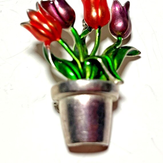 Vintage Tulip Flowerpot Enamel Lapel Pin Brooch - image 3