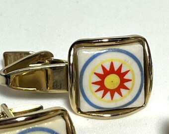 Paire De Boutons De Manchette Anciens - Motif Rayons De Soleil - Plaqué Or - Occasion Très Bon état