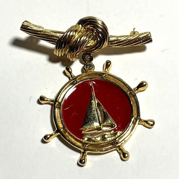 Vintage Red Nautical Knot Anchor Sailboat Lapel Pin Brooch