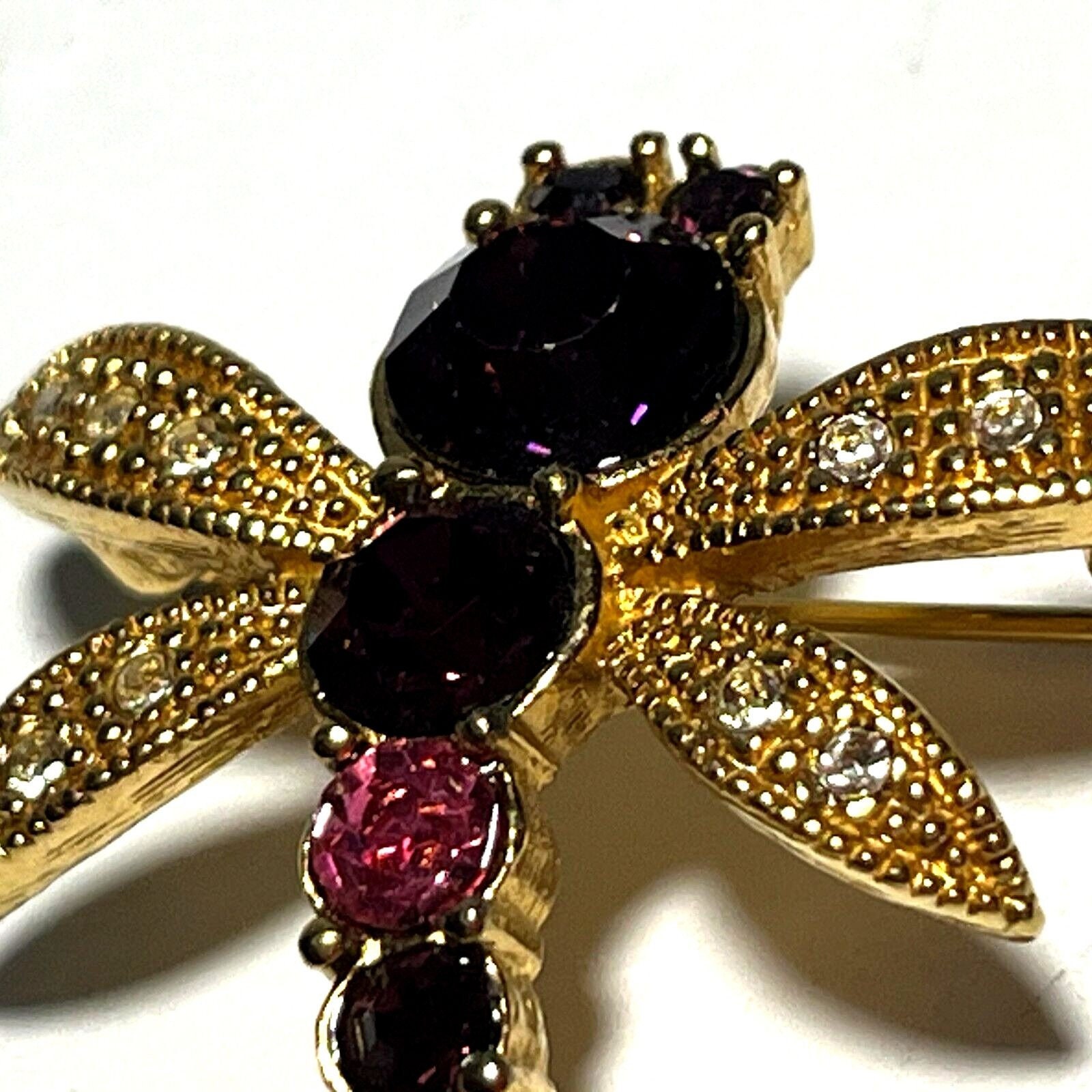Broche Vintage Libellule - Acier Doré, Pierres Rose/violine, Occasion