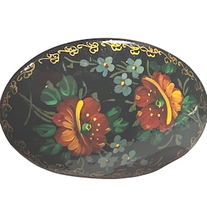 Vintage Russian Lacquer Hand Painted Floral Pin Brooch