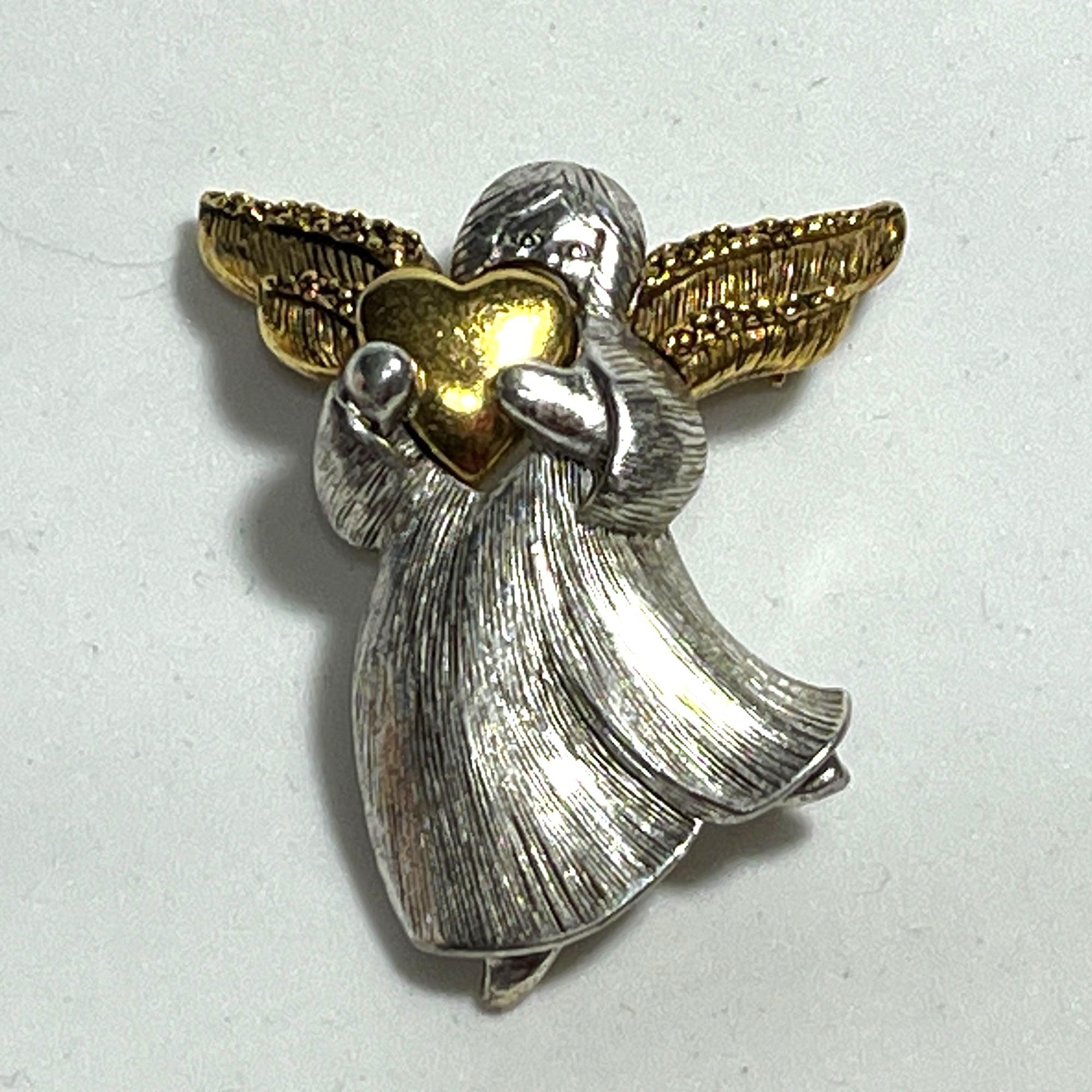 Broche Vintage Liz Claiborne En Forme D'ange - Or, émail Beige, Cristaux, Occasion