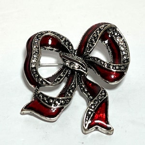 Vintage Christmas Bow Red Brooch Enamel Marcasite Rhinestones
