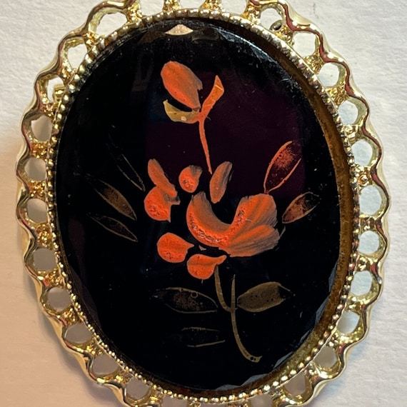 Vintage Hand Painted Floral Black Cameo Lapel Pin… - image 1