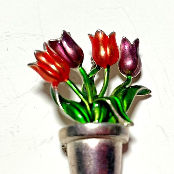 Vintage Tulip Flowerpot Enamel Lapel Pin Brooch - image 2