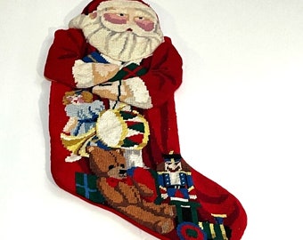 Vintage 3D Santa Claus Needlepoint Christmas Stocking