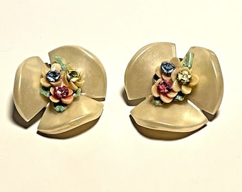 Vintage Celluloid Rhinestone Flower Cluster Clip Earrings