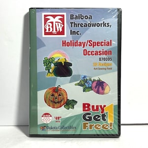 May include: A CD-ROM from Balboa Threadworks, Inc. featuring holiday and special occasion designs. The cover displays colorful embroidered images of a pot of gold, a pumpkin, and other festive elements. The package includes 20 designs with a 4x4 sewing field.