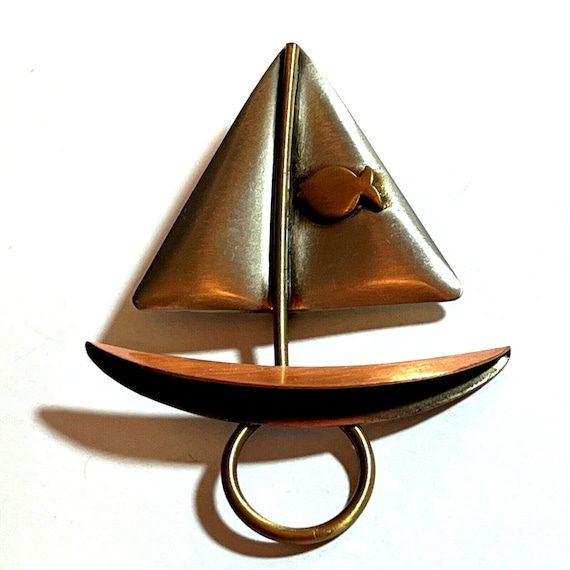Vintage Sailboat Tricolor Metal Lapel Pin Brooch - image 1