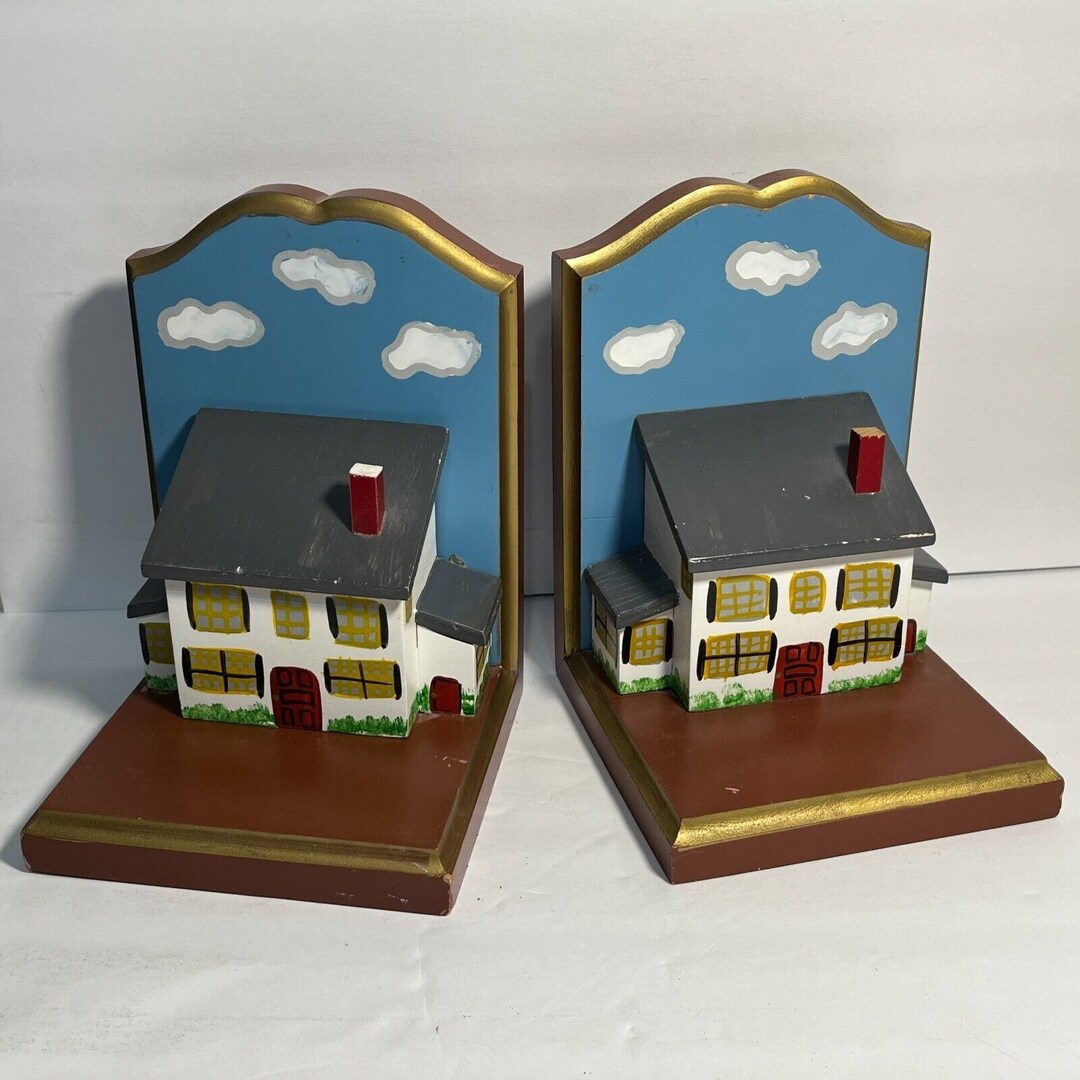 Folk Art Hand Painted House Book Ends Etsy
