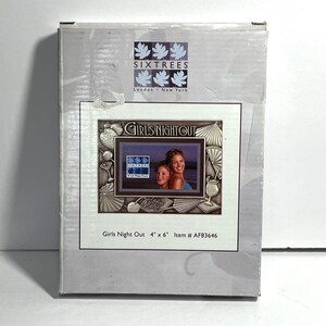May include: A silver-toned photo frame in a box. The frame is decorated with stylized images of fans, strawberries, and cocktail glasses. The frame holds a photo of two women and is labeled "Girls Night Out" and is 4" x 6". The box has the Sixtrees logo.
