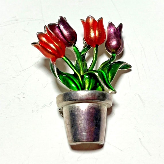 Vintage Tulip Flowerpot Enamel Lapel Pin Brooch - image 1