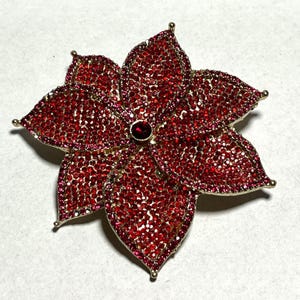 Vintage Red Rhinestone Poinsettia Flower Lapel Pin Brooch