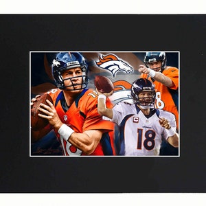 May include: A collage of three Denver Broncos football players in their orange and blue uniforms. The players are all throwing a football. The image includes the Denver Broncos logo.