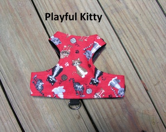 SafetyKatz Walking Playful Kitty Print ; Custom Made Reversible Cat Harness Vest Collar Kitten Kitty