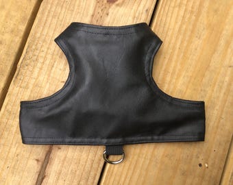 SafetyKatz Walking Jacket New Black Leatherette Fabric ; Custom Made Reversible Cat Harness Vest Collar Kitten Kitty