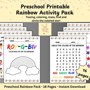 Activiteitenpakket regenboog | Afdrukbare kleurenwerkbladen voor kleuters | ROY-G-BIV | Traceren, doolhof, knippen en kleuren | 16 pagina's