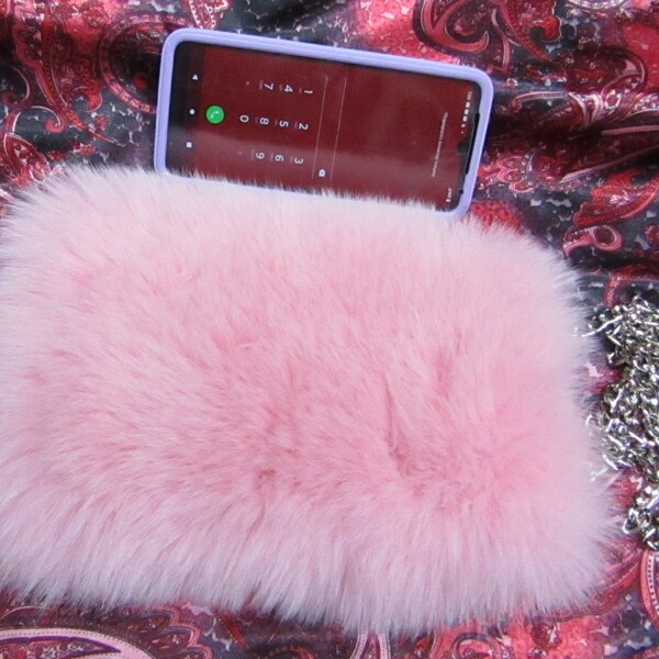 Real Pink fox fur bag for Mobile Phone Case, smartphone pouch, Chain, Magnet snaps.