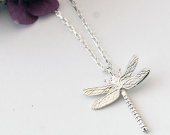 Dragonfly necklace, dragonfly pendant, silver dragonfly jewellery, textured silver, sterling silver, trace chain, inspired by nature, uk