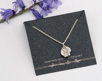 Silver poppy necklace, poppy jewellery, remembrance jewellery, floral jewellery, poppy pendant, handmade necklace, sterling silver