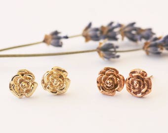 Gold Rose Studs, gold studs, rosegold, yellow gold, flower earrings
