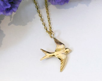 Gold swallow necklace, swallow jewellery, 9ct yellow gold, bird jewellery, handmade jewellery, anniversary gift, inspired by nature