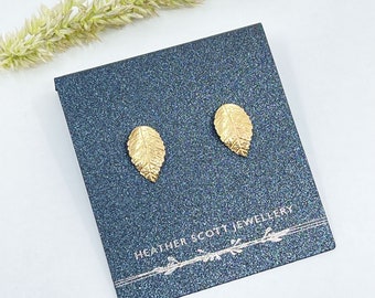 Gold leaf earrings, leaf jewellery, 9ct yellow gold, textured gold, birthday gift, handmade earrings, uk made, stud earrings, dangly earring