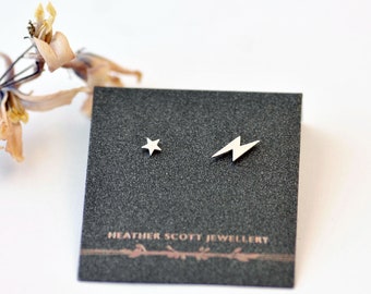 Star and lightning bolt earrings, silver star studs, silver bolt earrings, sterling silver, everyday earrings, star and bolt jewellery