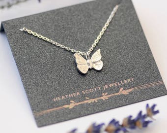 Silver butterfly necklace, butterfly jewellery, butterfly pendant, sterling silver, trace chain, textured finish, handmade jewellery