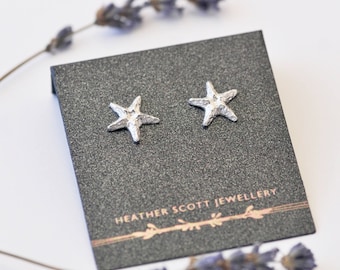 Starfish earrings, silver starfish jewellery, starfish studs, starfish hooks, handmade earrings, textured earrings, sterling silver, uk gift