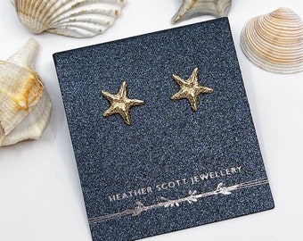 Gold starfish earrings, Starfish jewellery, starfish studs, nature inspired gift, yellow gold earrings, birthday gift, textured gold, uk