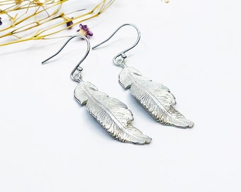 Silver feather earrings, feather jewellery, feather hooks, silver feathers, dangle earrings, handmade earrings, memory jewellery