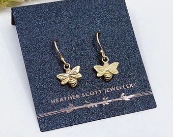 Gold bee earrings, bee jewellery, gold bee studs, yellow gold, dangly earrings, 9ct gold, gift for her, handmade jewellery, uk made