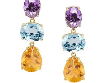 Gold Plated Earring, Dangle Earring, Prong Set Earring, 3 Stone Earring, Birthstone Earring, Oval Aquamarine Gemstone Earring Gift for Her
