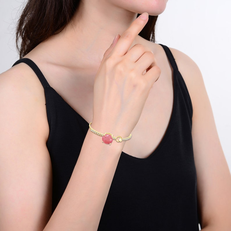 Goldtone Cuff Bangle Bracelet with Natural Choice of Gemstone and White Cubic Zirconia