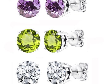 3-Pair Sterling Silver Stud Earring, Birthstone Earring, 5.50 ctw Set of 3 -Natural Peridot, Amethyst and White Topaz Stud Earrings