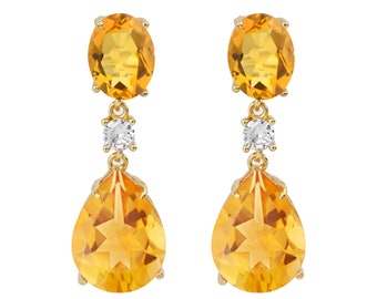 Three Stone Drop Earrings, 18KT Gold Plated Mixed Stone Earring, Natural Citrine and White Topaz Dangle Earring, Drop Wedding Earring,