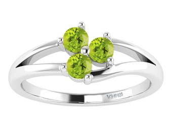 Three Stone Ring, 925 Sterling Silver with Round Shape Natural Peridot Three Stone Engagement Ring, Promise Ring, Birthday Gift for her
