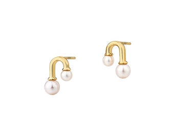 18KT Gold Plated U-shaped Bulb Design Pearl Stud Earrings, Minimalist Pearls Jewelry Gift, June Birthstone,Daily Wear Pearl Earrings for her