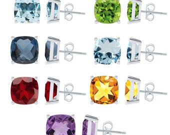 925 Sterling Silver with Multi Colors Natural Gemstone Cushion Stud Earrings for Women