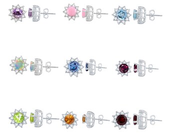 Multicolor Stud Earrings Minimalist Earrings, Dainty Floral Stud, Bitthday Gift Women's, Natural Gemstone Earring, Sterling Siver Earrings