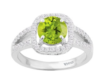 Wedding Ring, 925 Sterling Silver Ring, Natural Peridot and White Diamond Halo Ring, Engagement Gift for Her,