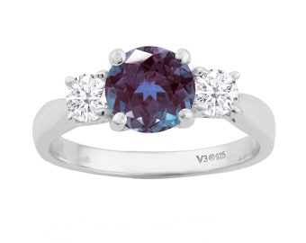 V3 Jewelry® -  925 Sterling Silver with Sterling Silver with Color Changing Alexandrite and Moissanite Three Stone Ring-Gift for her