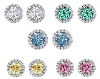 Moissanite Halo Stud Earring, 925 Sterling Silver in Round 6mm Multi Color Moissanite Stud Earring, Push Back Stud Earring, Gift for Her