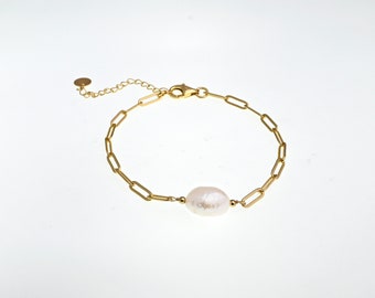 18KT Gold Plated pearl bracelet, Paperclip Link Bracelet, Single Freshwater Pearl, Unique Bracelets Adjustable Bracelet Graduation Gift