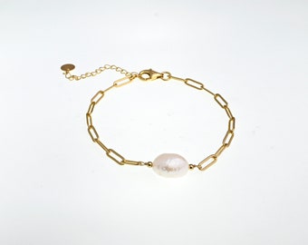 Single Pearl Adjustable Bracelet, 18KT Gold Plated Lobster Bracelet, Freshwater Pearl Paper Clip Chain Adjustable Bracelet, Gift for Girls
