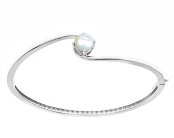 925 Sterling Silver Solitaire Bracelet, Pearl Bangle Bracelet, Round Bracelet Bangle, Hinged Bangle Bracelet for Women, Cultured Pearl