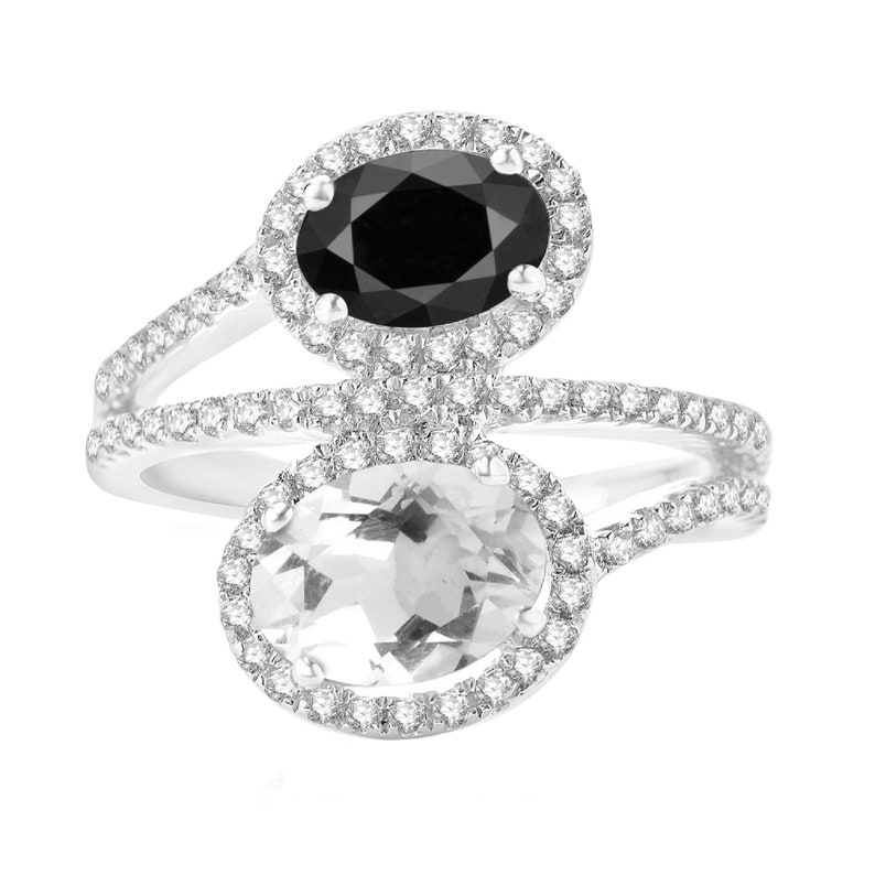 Sterling Silver with Oval Shape Natural Black Spinel and White Topaz Bypass Ring